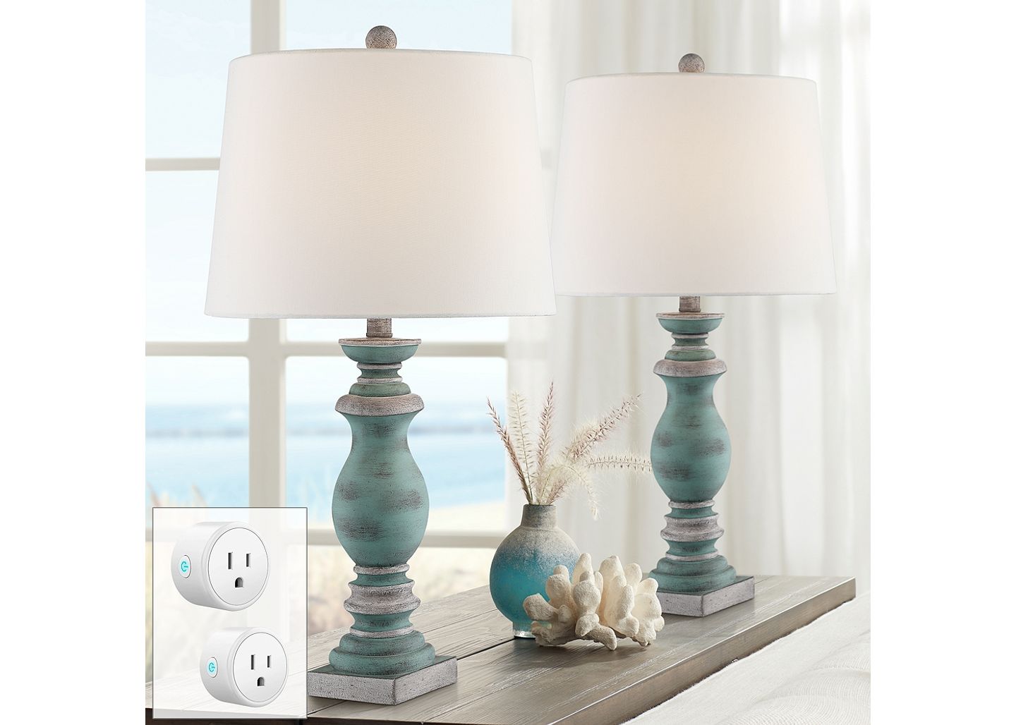 Regency Hill Patsy Blue-Gray Wash Table Lamps Set of 2 with WiFi Smart Sockets